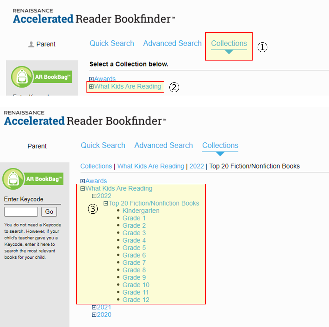 북파인더 사이트에서 콜렉션 메뉴를 어떻게 찾는지 표시했다.