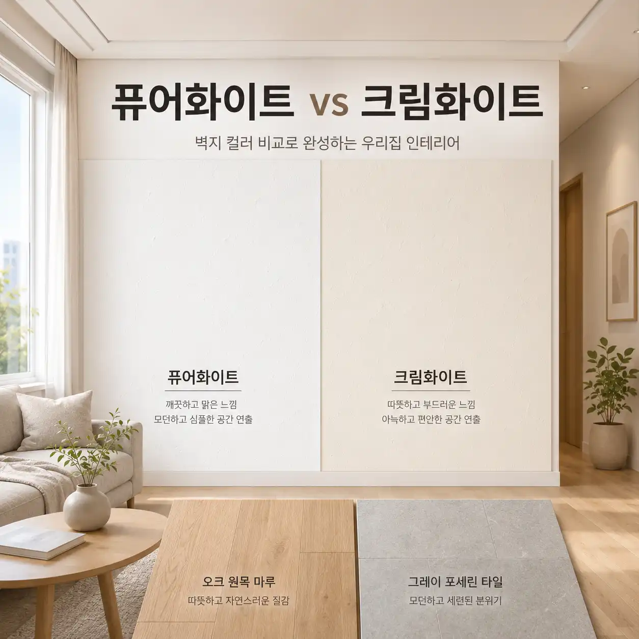 40~50대 직장인을 위한 디아망 회벽 퓨어화이트와 크림화이트 벽지 샘플 비교