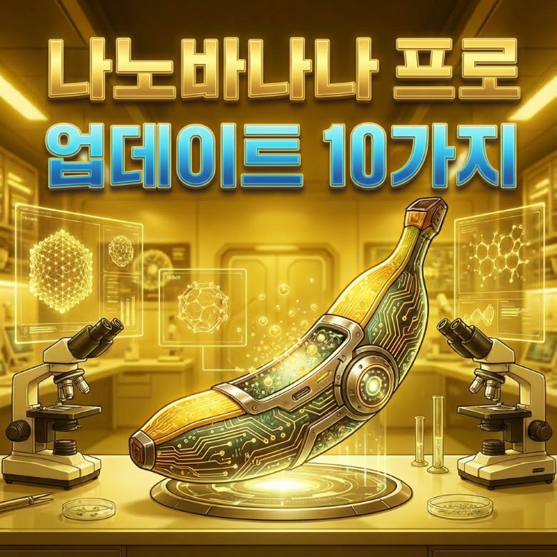 나노바나나 프로 업데이트 10가지 - AI 이미지 생성 도구로 만든 황금빛 미래 기술 콘셉트 이미지, 현미경과 분자 구조가 있는 실험실 배경 via Nano Banana