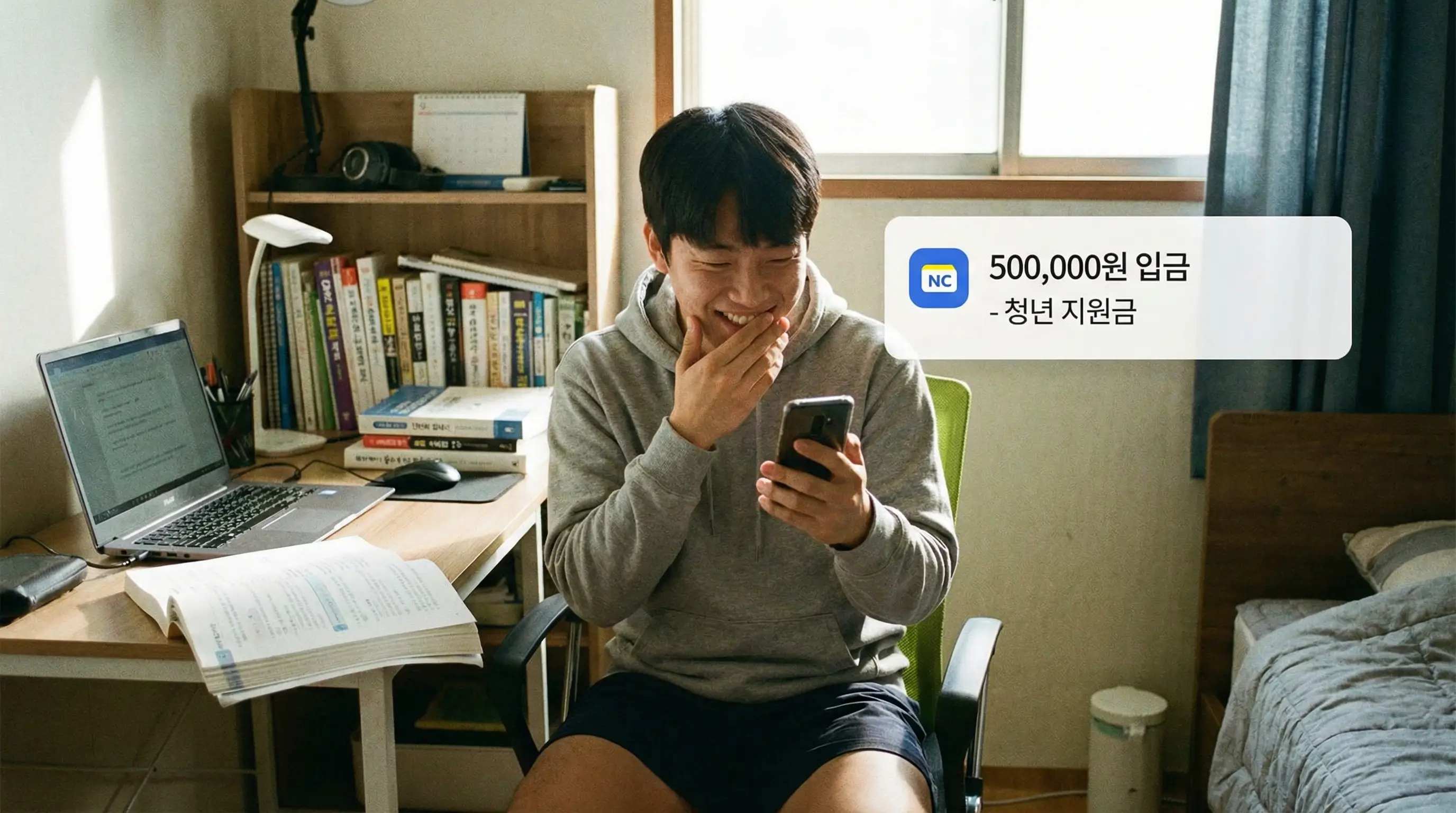 스마트폰 뱅킹 앱으로 청년 지원금 50만원 입금 내역을 확인하고 기뻐하는 취업 준비생의 모습