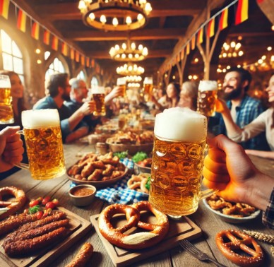 전통음식과 맥주를 마시는 이미지