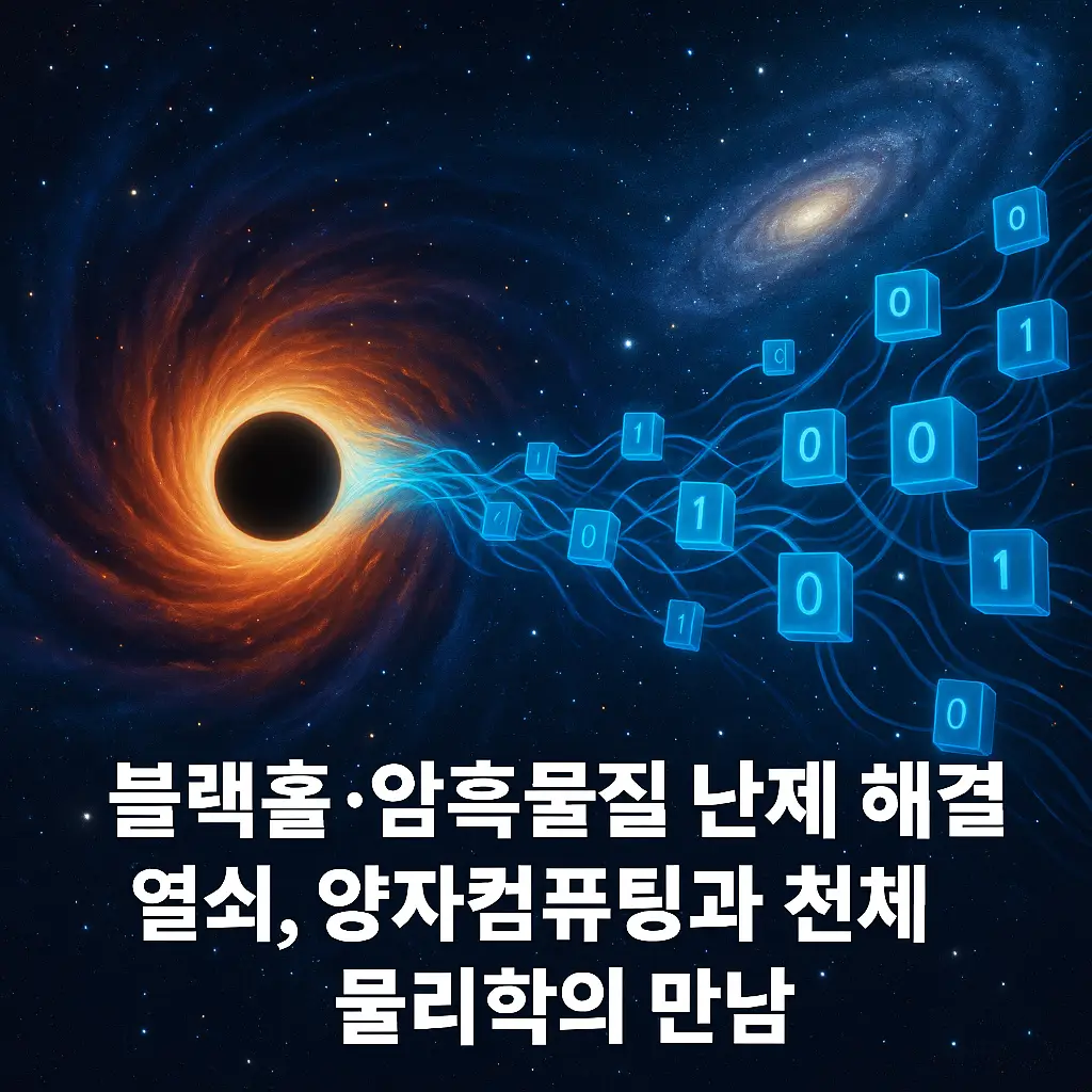 블랙홀과 양자컴퓨터 데이터 흐름이 결합된 우주 일러스트