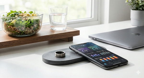 태블릿PC에 표시된 AI 식단 분석 그래프 화면이 어우러진 현대적인 헬스테크 라이프스타일 이미지