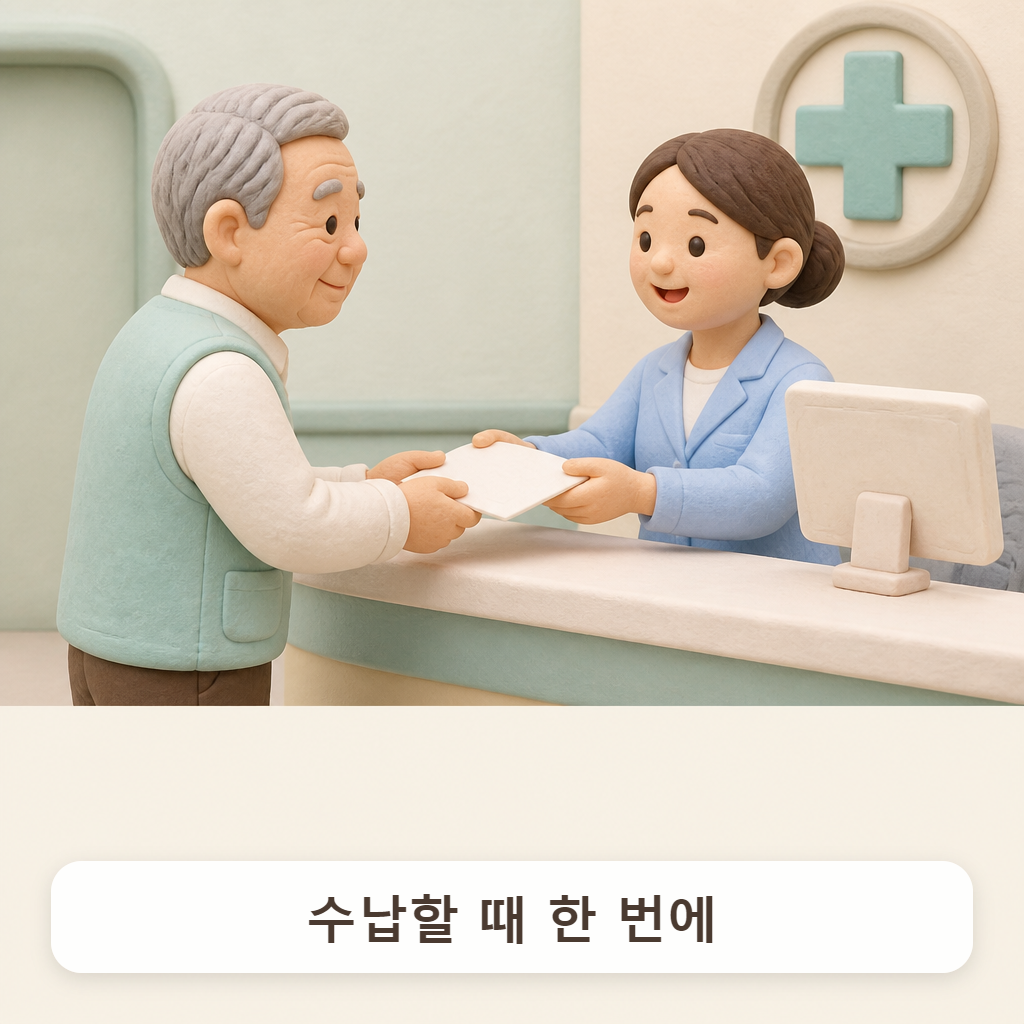 병원 수납 창구에서 서류를 건네받는 할아버지