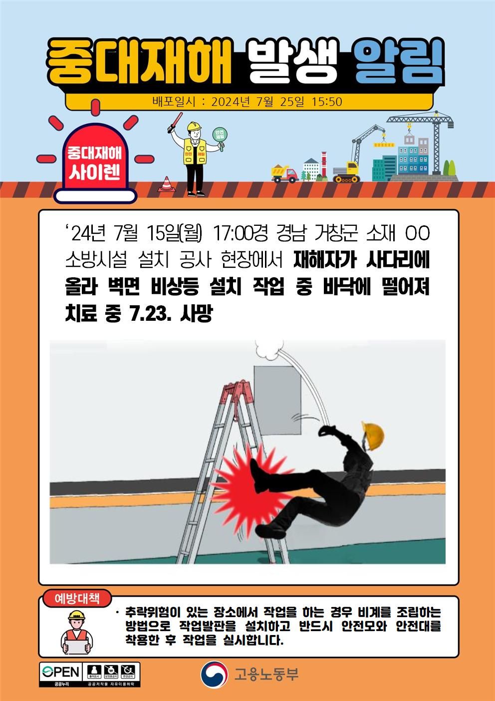 사다리에 올라 벽면 비상등 설치 작업 중 떨어짐