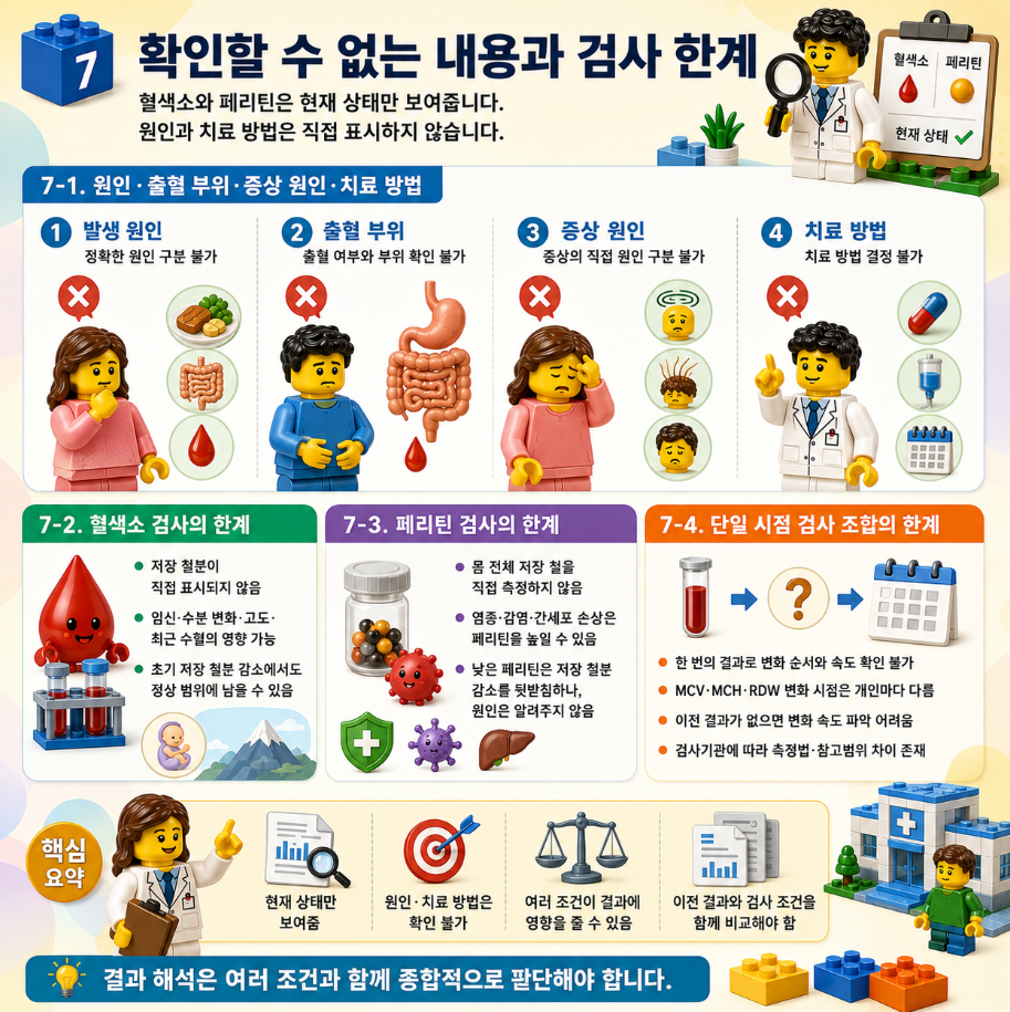 혈색소와 페리틴 검사의 한계, 확인할 수 없는 내용, 단일 검사 결과 해석의 제한점을 설명한 레고 스타일 메디컬 인포그래픽