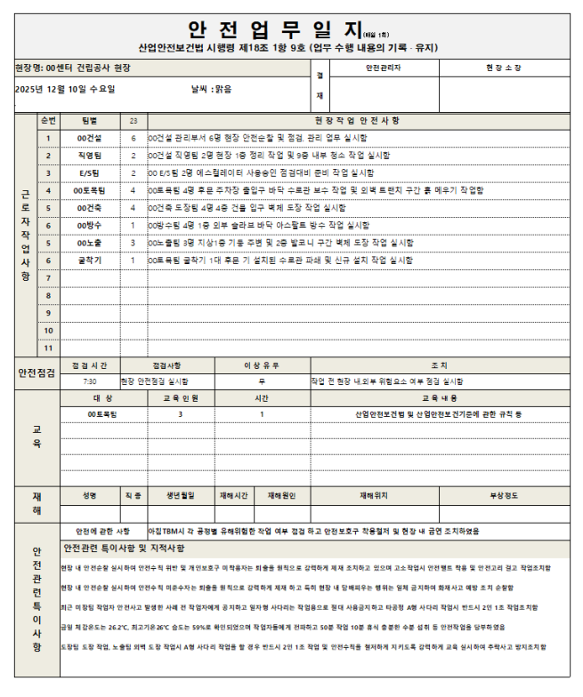 안전업무일지(최신형) 양식