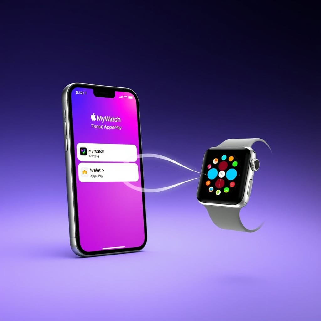 아이폰 화면에 Apple Watch 앱이 열려 있고, '나의 시계' 탭 아래 '지갑 및 Apple Pay' 메뉴가 선택되어 있습니다. 화면에는 아이폰과 애플워치가 함께 배치되어 있으며, 데이터가 전송되는 듯한 부드러운 애니메이션 효과나 연결선을 추상적으로 표현합니다.