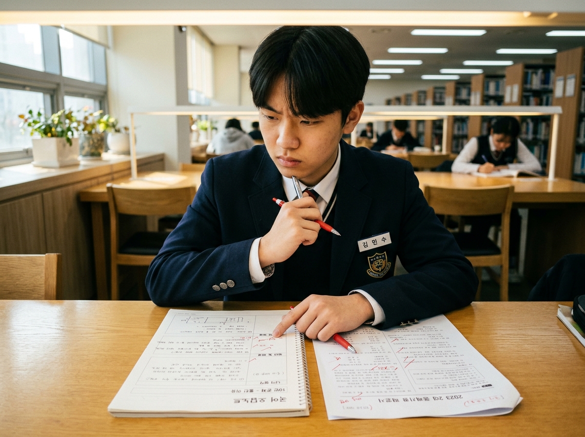 과거 국어 시험지와 오답 노트를 비교하며 학습 진행 상황을 점검하는 학생