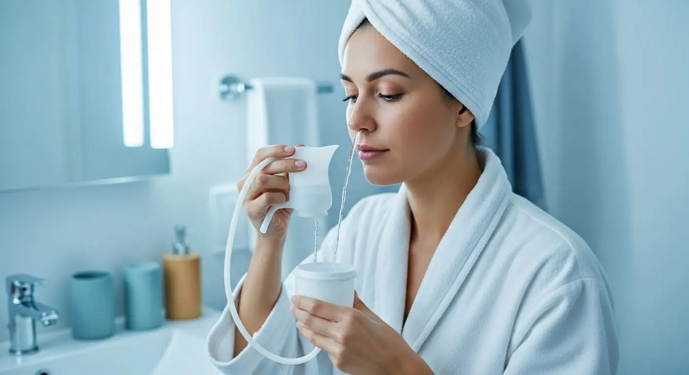 생리식염수로 코 세척을 하는 사람의 모습, 코막힘 완화를 위한 중요한 첫 단계임을 보여줍니다.