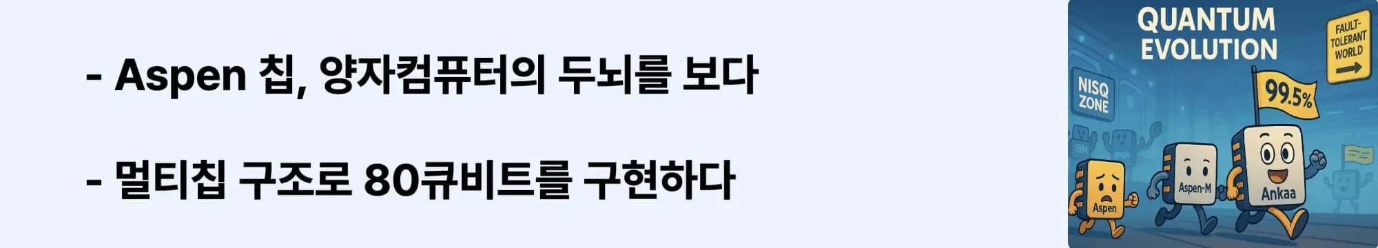 Aspen 칩, 양자컴퓨터의 두뇌를 보다’라는 문구가 포함된 웹배너 이미지. 이 이미지는 Aspen 양자칩의 구조와 성능을 시각적으로 전달하며, 블로그의 리게티 칩 아키텍처 비교와 관련된 내용을 설명함 (Aspen chip, multichip quantum processor)