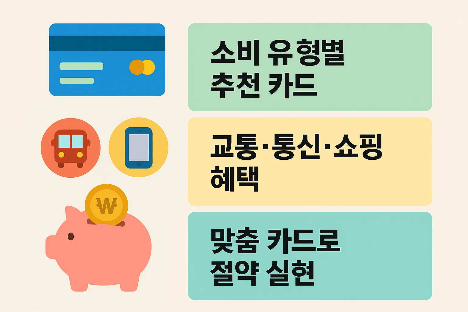 교통, 통신, 쇼핑 등 주요 소비 유형별 맞춤 카드 추천과 절약 실현 방법을 시각적으로 정리한 인포그래픽입니다.