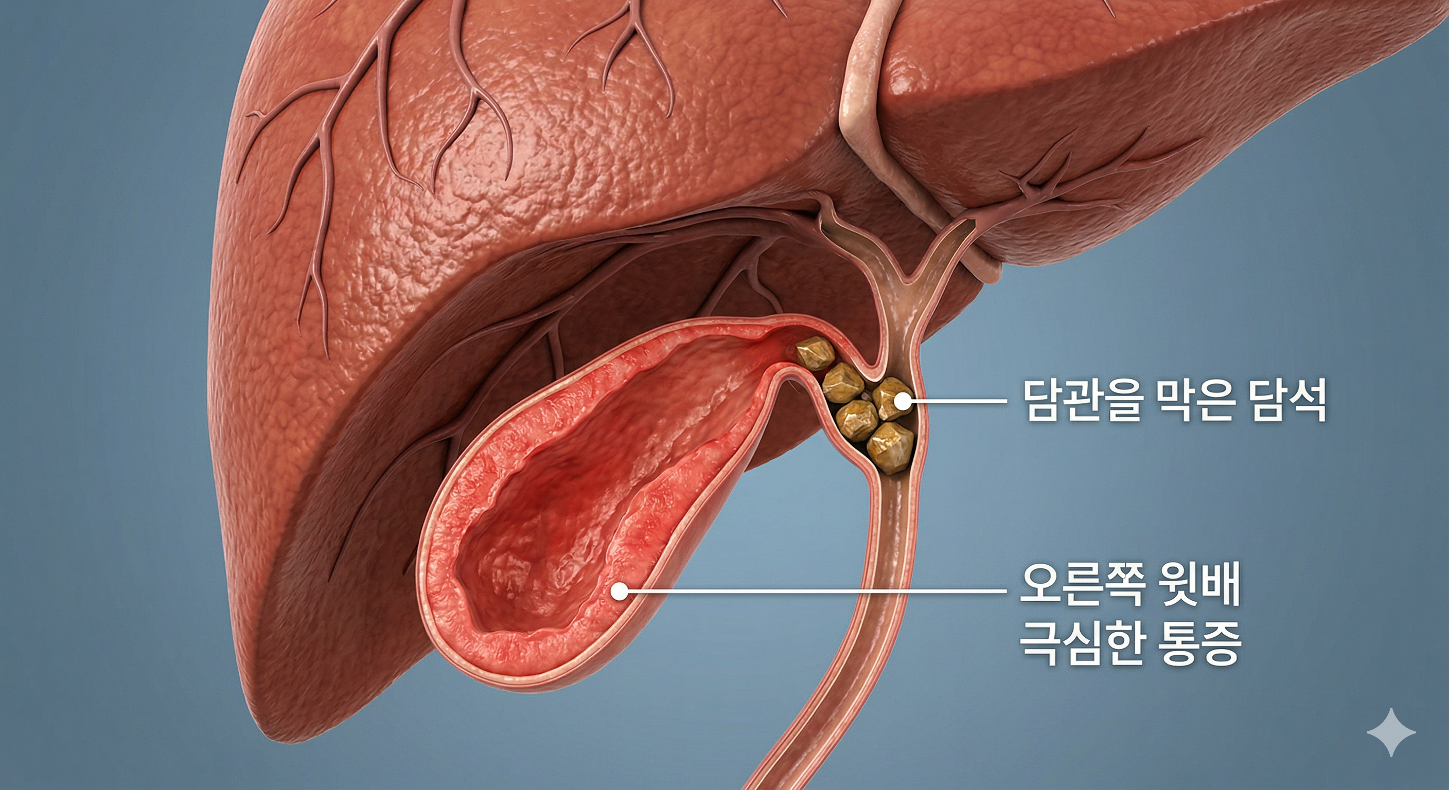 담석증 증상, 오른쪽 윗배 통증, 담낭염 - 쓸개(담낭) 안에 생긴 단단한 돌(담석)이 담즙이 나가는 관을 꽉 막아 염증과 극심한 통증을 유발하는 3D 단면도