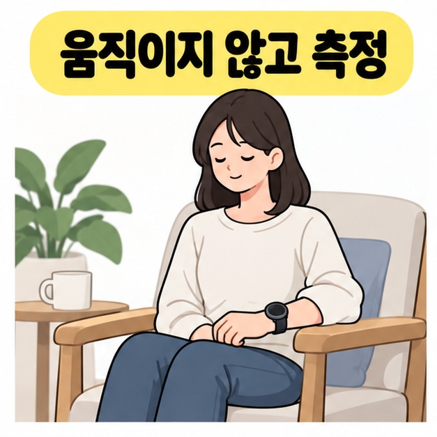 움직이지 않고 측정 문구 아래 여성이 의자에 편안하게 앉아 워치를 착용한 팔을 팔걸이에 두고 조용히 기다리는 모습