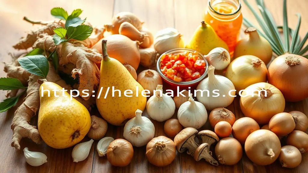 나무 탁자 위에 배, 마늘, 양파, 버섯, 생강, 김치 등이 놓인 모습.