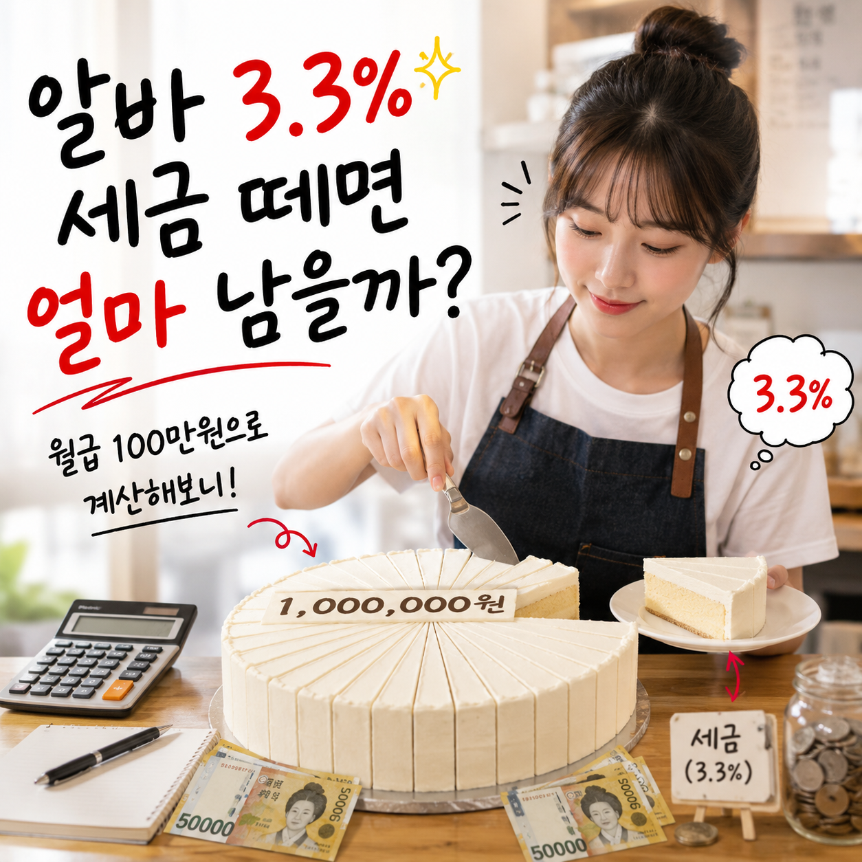 알바 3.3% 세금 공제 시 월급 100만원에서 얼마가 남는지 계산하는 이미지