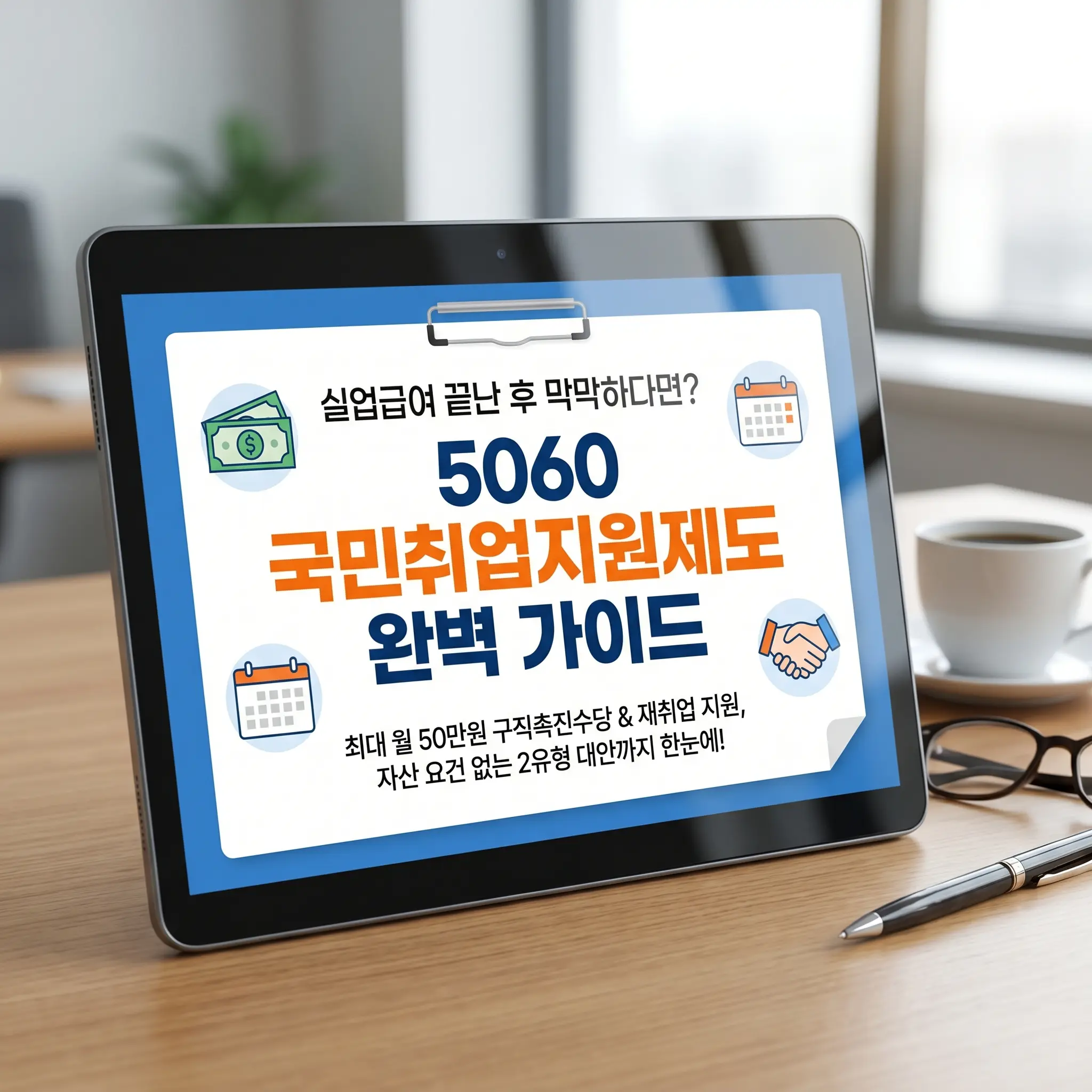 실업급여 종료 후 5060 세대를 위한 국민취업지원제도 완벽 가이드 썸네일 이미지. 책상 위 태블릿 화면에 '최대 월 50만원 구직촉진수당 및 재취업 지원, 자산 요건 없는 2유형 대안까지 한눈에!'라는 문구와 함께 달력, 돈, 악수 아이콘이 디자인된 깔끔한 정보성 이미지.