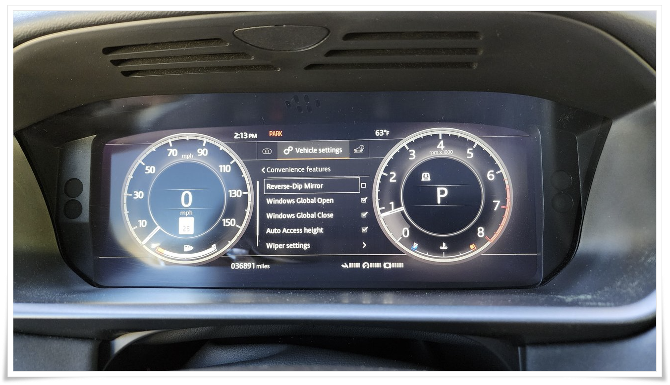 랜드로버 디스커버리5 후진 시 하향 Mirror Dip 설정 메뉴 화면