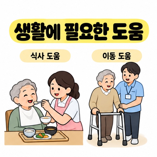 노인의 식사를 돕는 모습과 보행을 곁에서 돕는 모습을 나란히 보여주는 생활 속 돌봄 예시