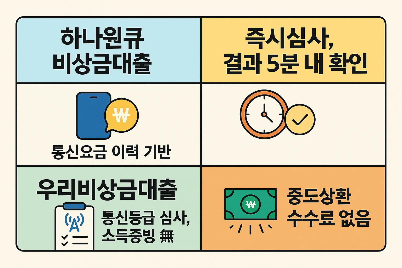 통신요금 이력 기반 심사와 소득증빙이 필요 없는 우리·하나은행 비상금대출 조건을 비교한 인포그래픽으로, 중도상환 수수료 없는 간편 대출 정보를 제공합니다.