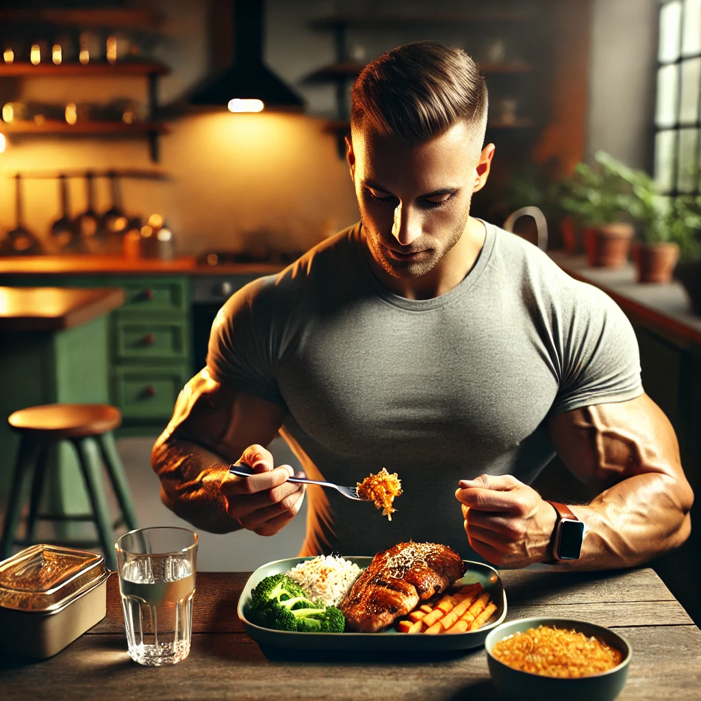 운동이 끝나고 식사를 하는 남자