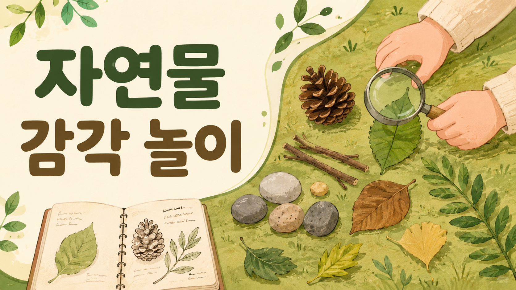나뭇잎과 솔방울, 돌멩이 등 다양한 자연물을 활용해 감각 탐색 활동을 표현한 교육용 이미지