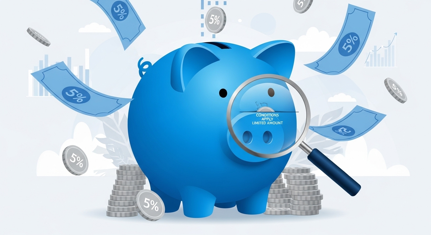 최대 5% 고금리 파킹통장 뒤에 숨겨진 까다로운 조건과 이자율 적용 한도를 돋보기로 확인하는 모습, 2025년 현명한 파킹통장 선택을 위한 경고