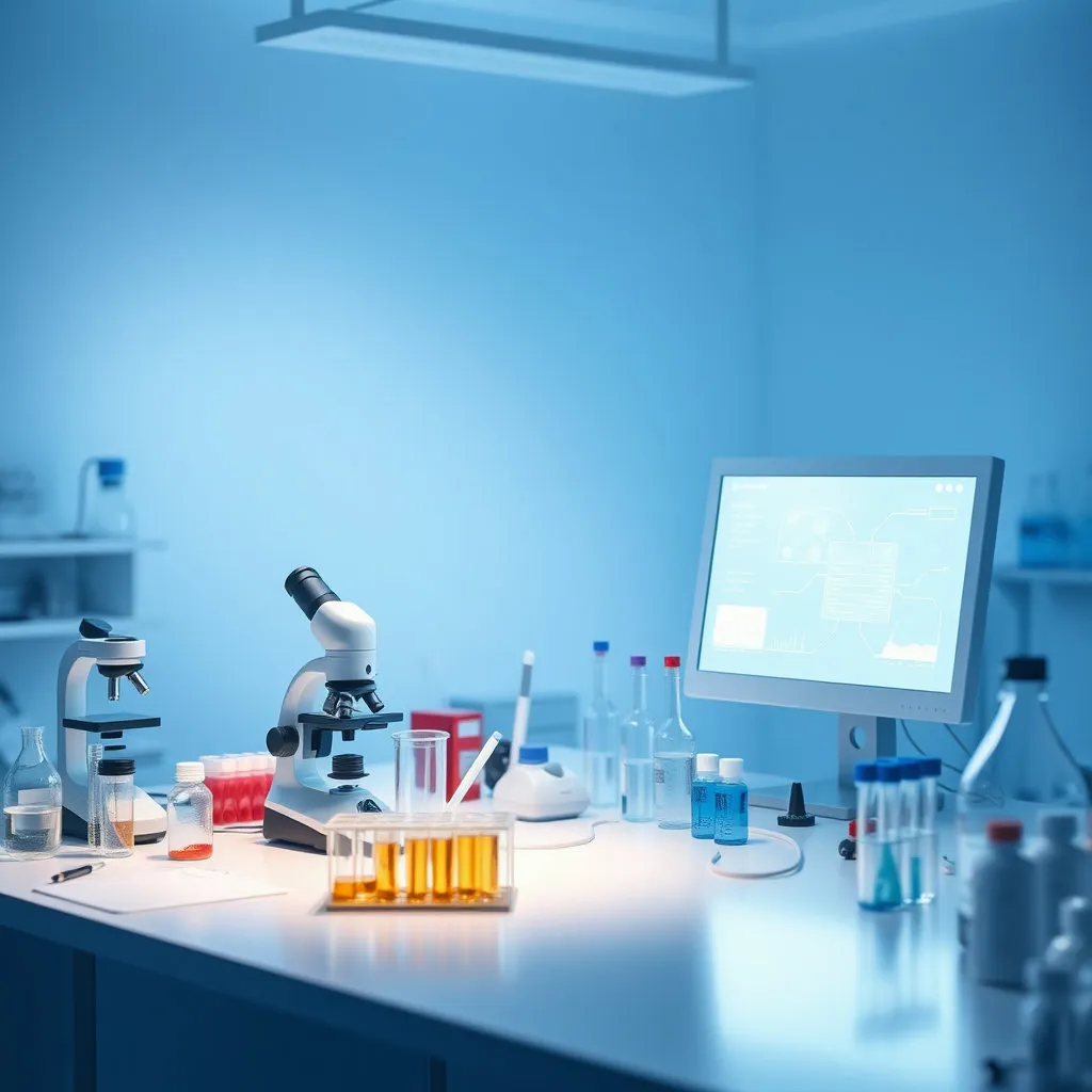 현미경, 시험관, 컴퓨터 화면 등 연구실 장비들이 놓여있는 테이블. 한편에서는 희미한 빛이 들어오며 미지의 길을 밝히는 듯한 느낌을 줍니다. 푸른색과 흰색 계열의 차분하고 과학적인 분위기입니다.