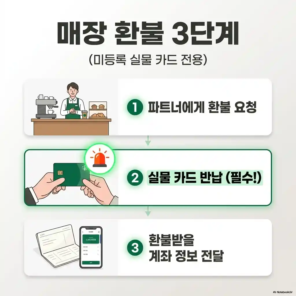 스타벅스 매장 현장 환불 3단계 미등록 실물 카드 전용 - 파트너 환불 요청 카드 반납 필수 계좌 정보 전달