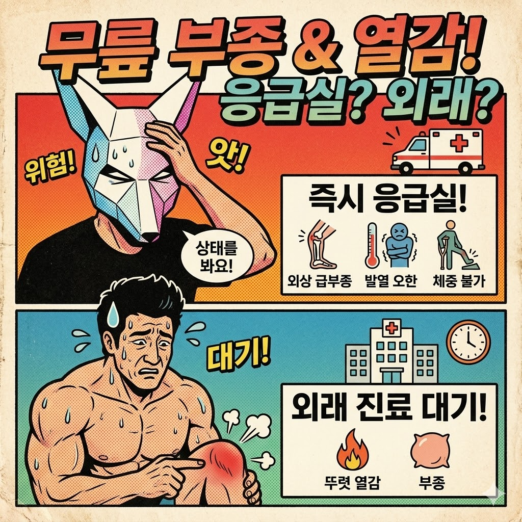 무릎 부종과 열감 발생 시 응급실과 외래 기준을 비교한 웹툰형 인포그래픽