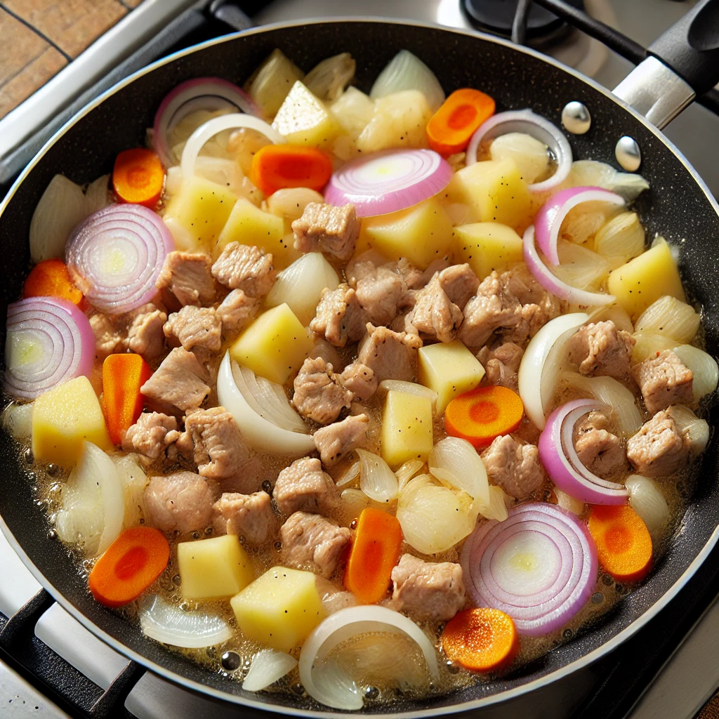 2. 재료 볶기
팬에 식용유를 두르고 양파부터 볶아 단맛을 내요. 이어서 고기, 감자, 당근을 넣고 소금, 후추로 밑간해 볶아줍니다.