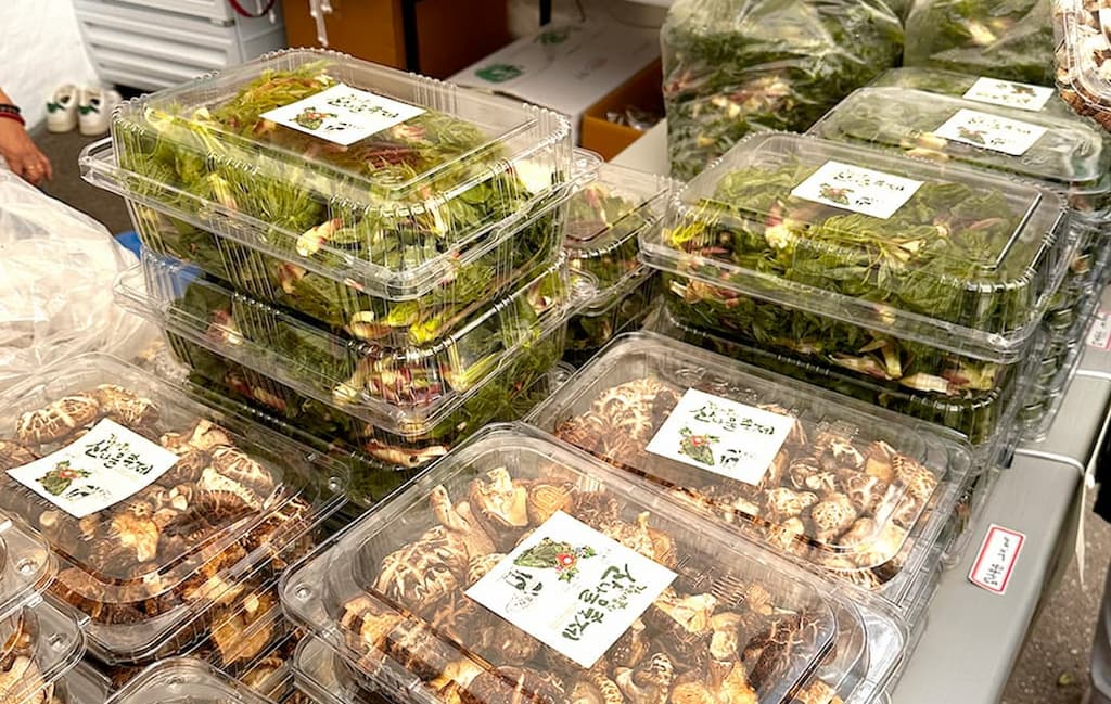 홍천 산나물 직거래 장터에서 판매되는 두릅과 버섯