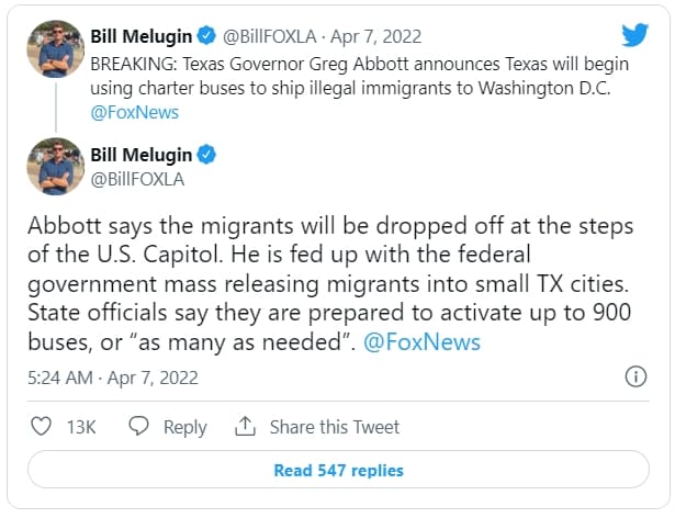 대단한 텍사스의 대반란...바이든의 불법 망명자들 버스에 실어 백악관 앞에 내려 놓는다 VIDEO: BREAKING: Texas Governor Greg Abbott Announces He Will Use Charter Buses to Send Illegal Immigrants..