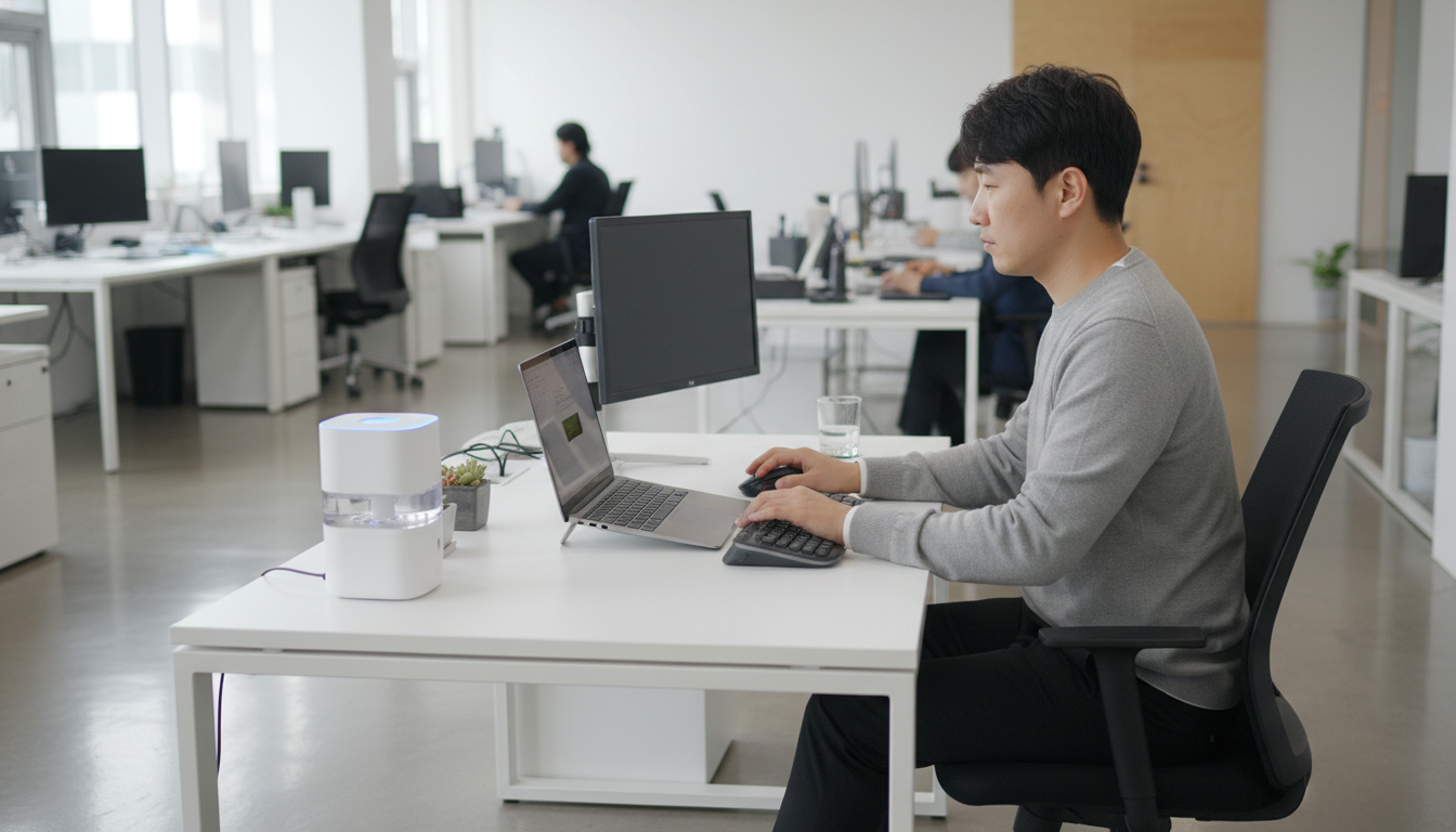 사무실에서 휴대용 모니터와 인체공학 마우스를 사용하며, 개인용 가습기로 쾌적한 환경을 조성한 한국인 남성 직장인의 모습
