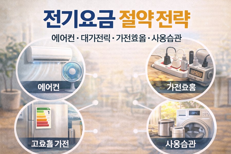 가정에서 전기요금을 줄이기 위해 에어컨 온도 조절, 대기전력 차단, 고효율 가전 사용, 전기 사용 습관 개선이라는 핵심 전략을 정리한 안내 이미지입니다.