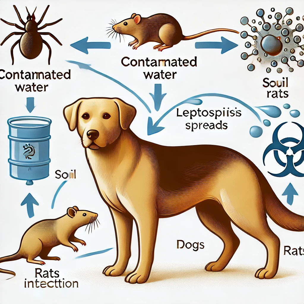 렙토스피라균이 오염된 물과 토양, 쥐를 통해 강아지에게 전염되는 과정 다이어그램