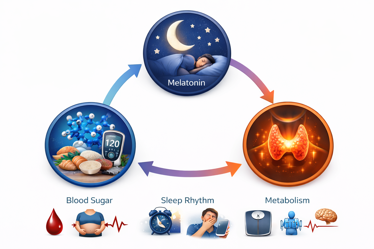 인슐린, 멜라토닌, 갑상선 호르몬의 상호 작용을 시각적으로 나타낸 인포그래픽으로, 혈당 조절, 수면 리듬, 전신 대사가 서로 연결되어 균형을 이루는 과정을 설명하는 건강 일러스트 이미지