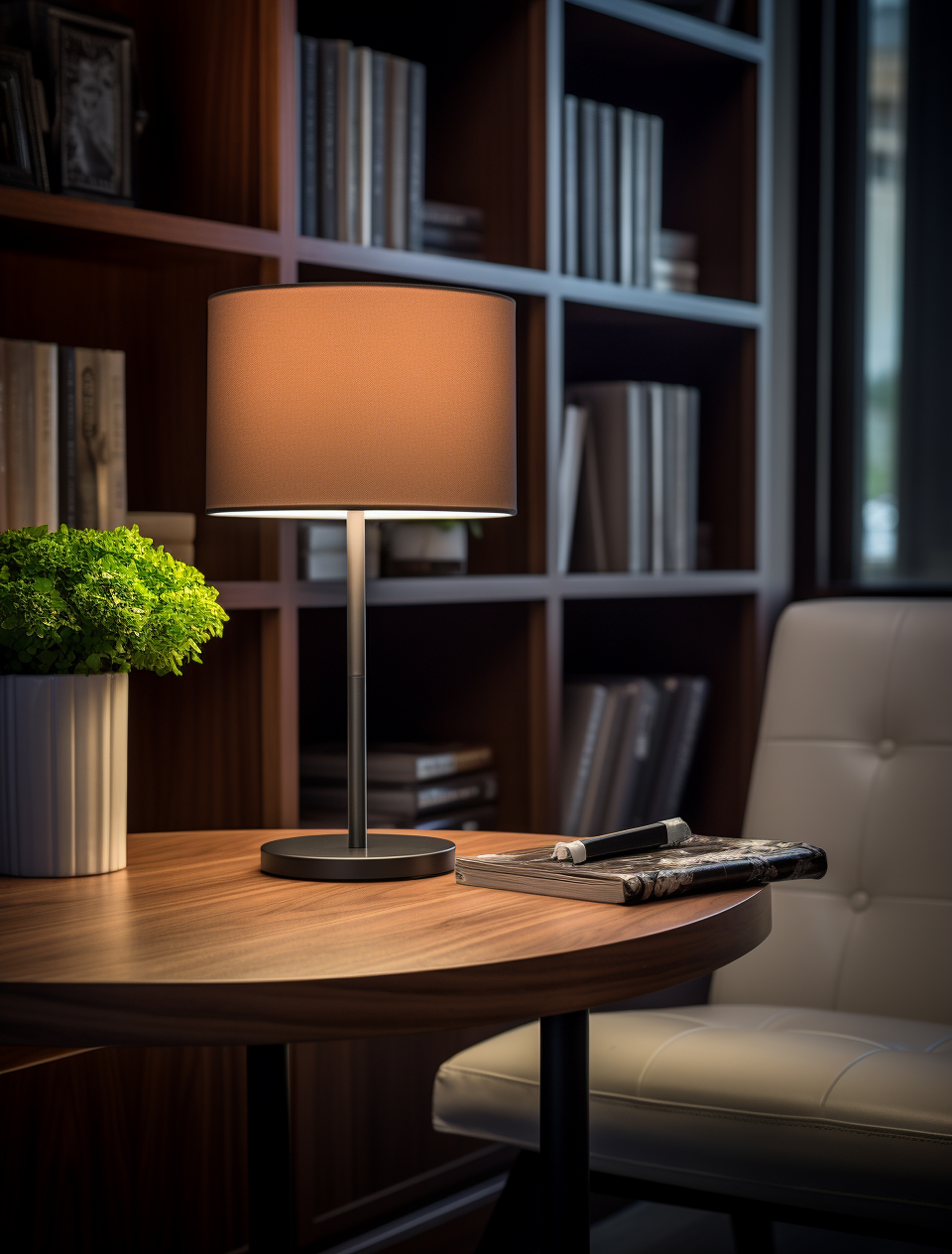 스탠드 조명이 켜진 책상 위 책