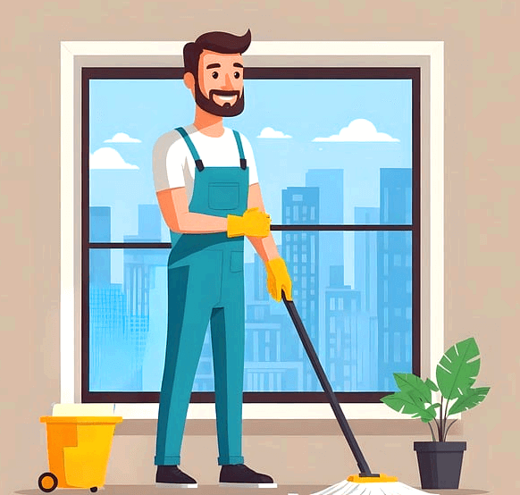 남자가 대걸레로 실내 바닥을 청소하고 있다. 하늘색 멜빵바지를 입었다.