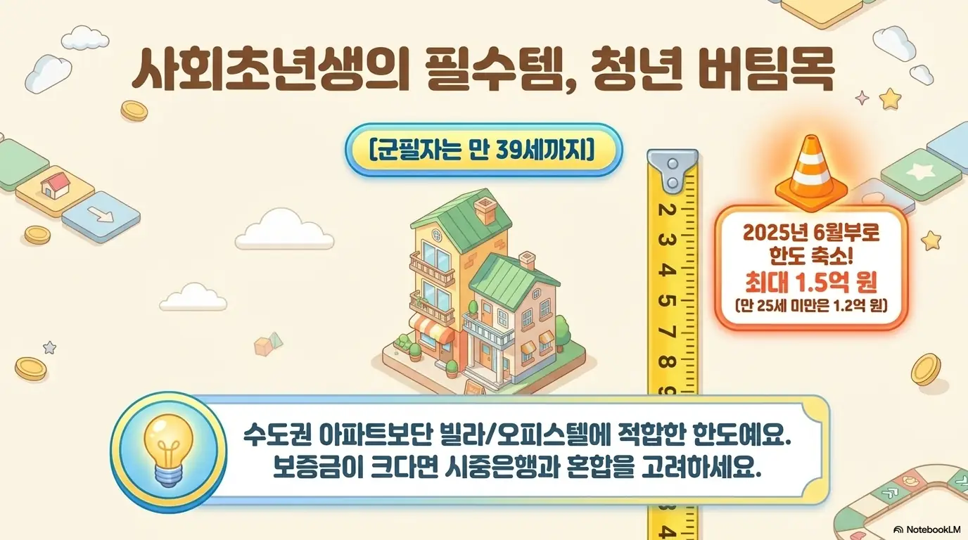 전세자금대출 금리비교: 사회초년생의 필수템 청년 버팀목을 다룬 이미지. 군필자는 만 39세까지 신청 가능하며 2025년 6월부로 한도가 최대 1.5억 원(만 25세 미만 1.2억 원)으로 축소되었고&amp;#44; 수도권 아파트보다 빌라&middot;오피스텔에 적합하니 보증금이 크면 시중은행 혼합을 고려하라는 내용을 시각적으로 전달함