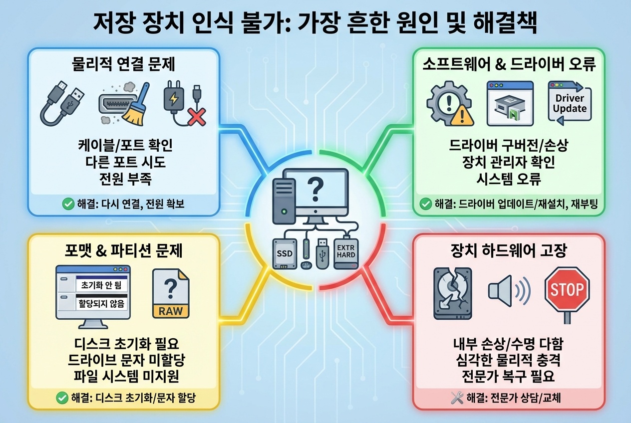 SSD, HDD, USB, 외장하드 등 우선 컴퓨터에 연결 시 인식안됨에서 가장 흔한 원인