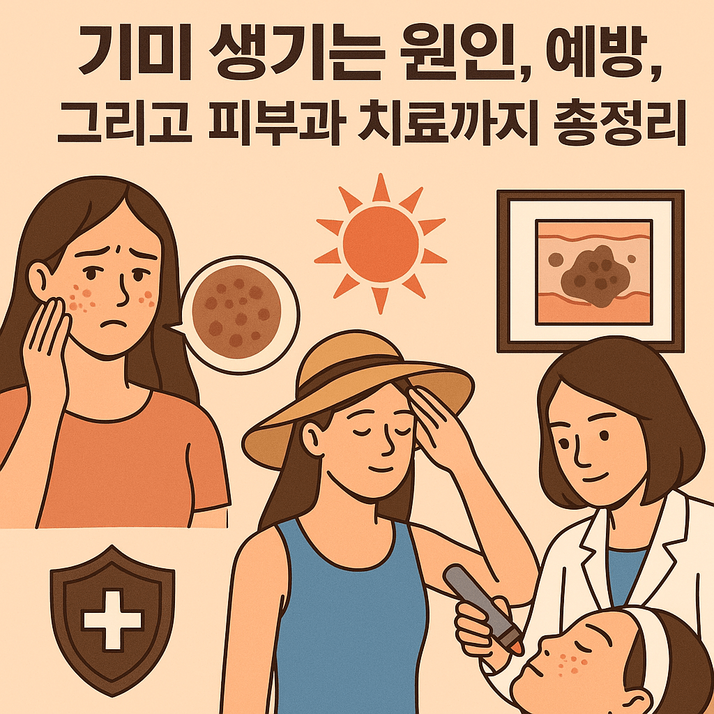 이 이미지는 기미의 발생 원인부터 예방, 피부과 치료까지 한눈에 보여주는 상징적인 일러스트입니다.
왼쪽에는 자외선과 호르몬 변화로 인해 기미가 생긴 여성의 얼굴이 표현되어 있고,
가운데에는 모자, 선크림, 선글라스 등 예방을 위한 생활 습관이 상징적으로 나타나 있습니다.
오른쪽에는 전문적인 피부과 치료 장면이 일러스트로 그려져 있어, 기미 치료 방법의 중요성을 강조합니다.

과학적이면서도 부담 없는 일러스트 스타일로, 기미에 대한 인식과 관리법을 쉽게 이해할 수 있도록 돕는 이미지입니다.