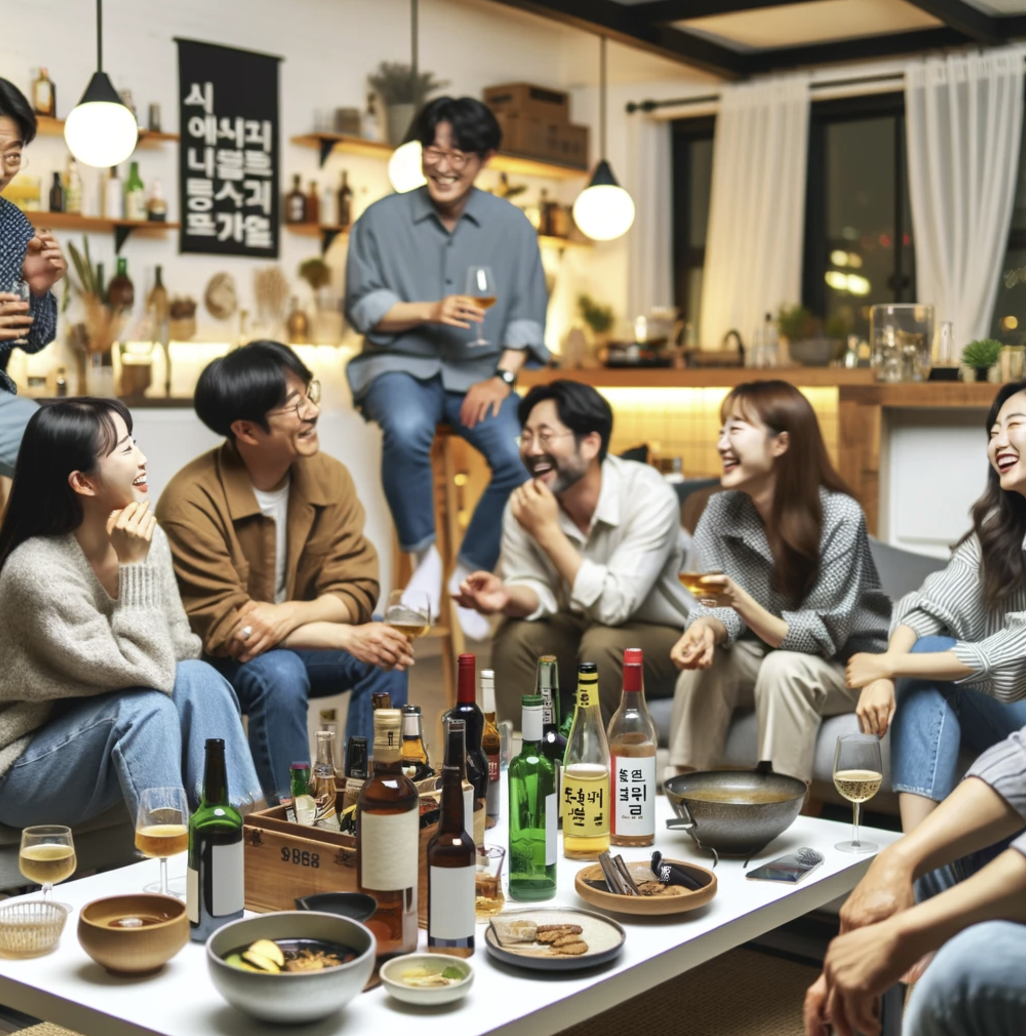 다양한 음료를 즐기는 홈 파티 장면. 