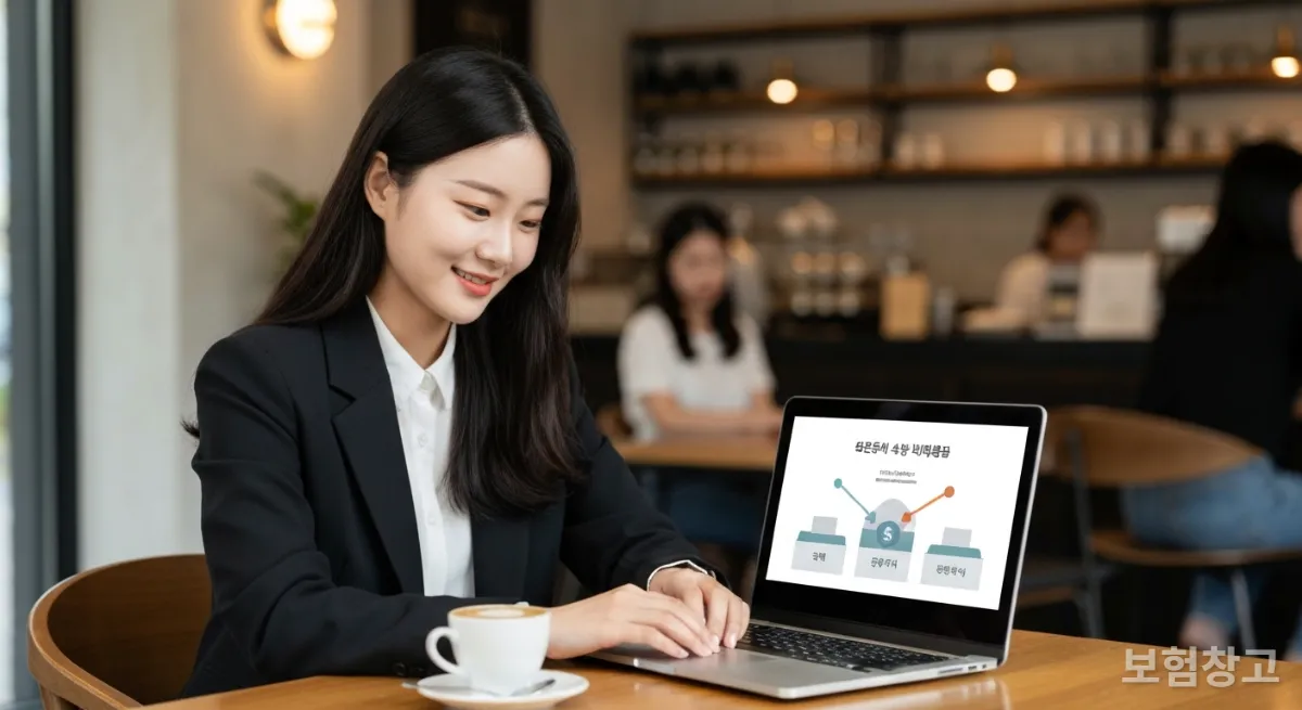 카페에서 노트북으로 건강보험 환급금을 관리하는 한국 젊은 여성