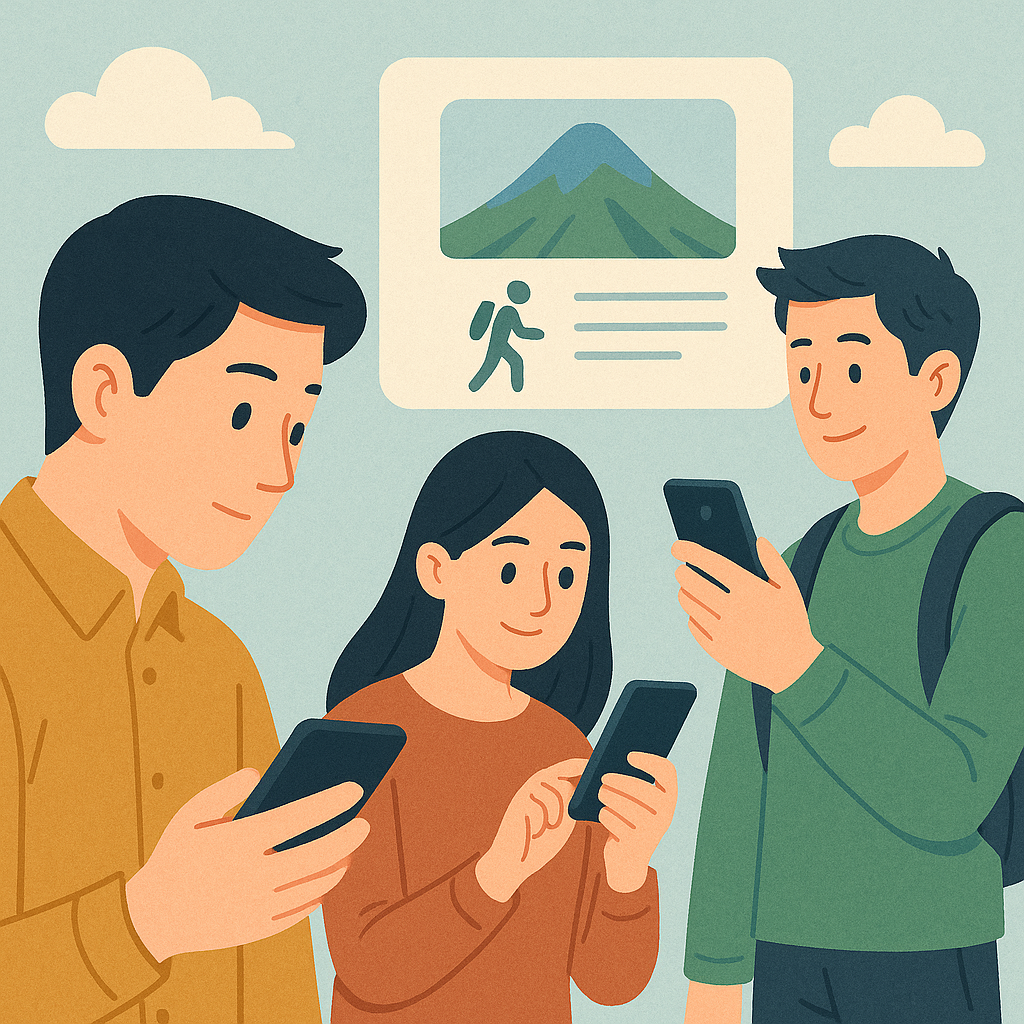 다같이 탐방하기 위해 모바일로 조사하는 여러명의 모습