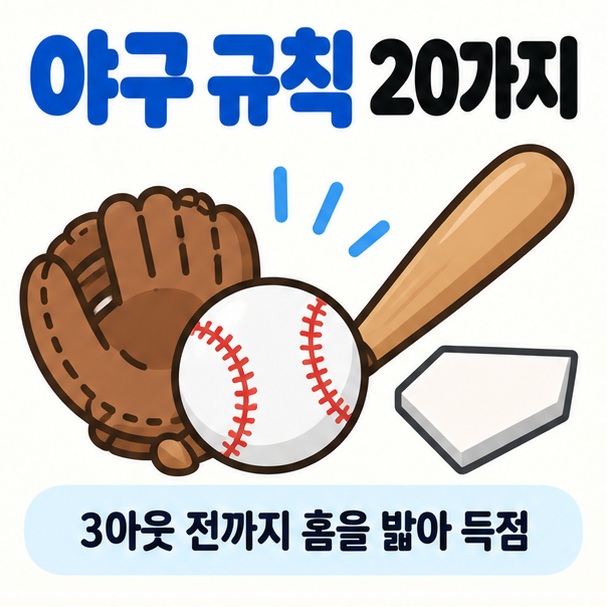 야구공 글러브 배트 베이스 아이콘을 중심으로 야구 규칙 20가지 문구를 보여주는 대표 카드뉴스 이미지
