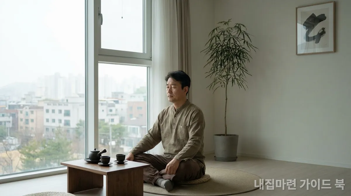 평화로운 아파트 거실에서 명상하는 한국인, 성공적인 투자를 위한 차분한 마인드셋을 상징