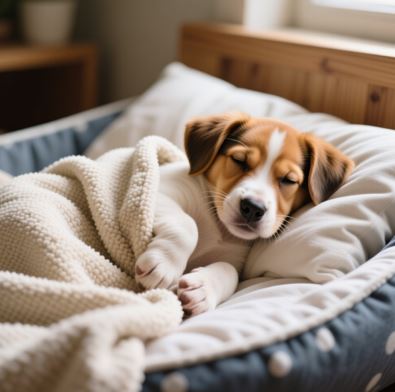 어린 강아지가 침대에서 담요를 안고 편안하게 자는 모습