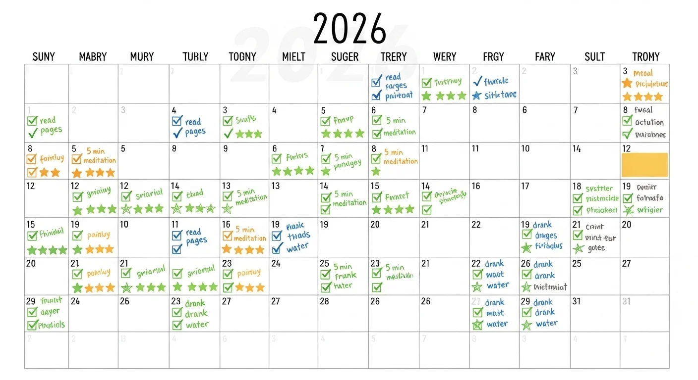2026년 달력에 작은 습관 실천을 나타내는 체크 표시와 스티커가 가득한 모습.