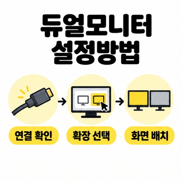 듀얼모니터 설정방법이라는 제목 아래 연결 확인, 확장 선택, 화면 배치 설정 순서를 보여주는 도식